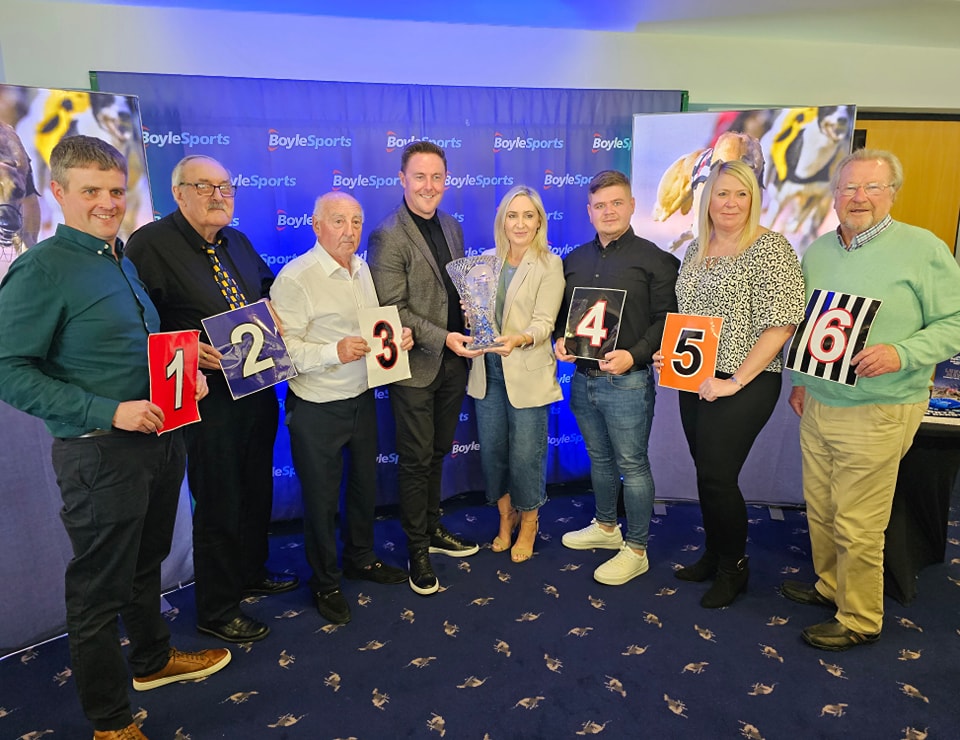 The 2023 Boylesports Irish Greyhound Derby Finalists' connections pictured at the Derby Lunch in Shelbourne Park Monday 28th August.