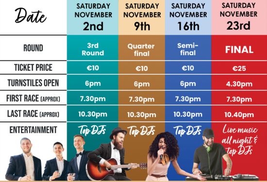 Image shows text with detais of the live music and entertainment on offer in Shelbourne Park throughout the 2024 BoyleSports Irish Greyhound Derby