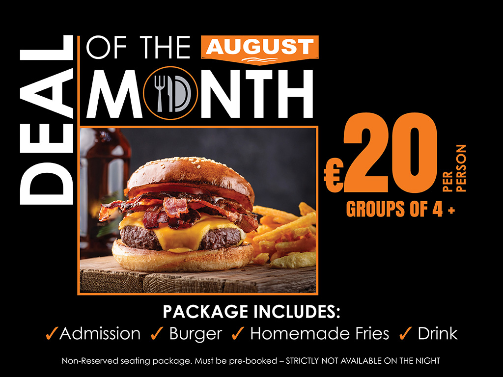 Searching for a great value night out this August? The latest Deal of the Month at Irish Greyhound Stadia offers entertainment, food and drink at an excellent price. Image shows a promotional graphic for the August Deal of the Month at Greyhound Stadia in Ireland. It features a black background with white and orange text outlining the offer and a picture of a burger.