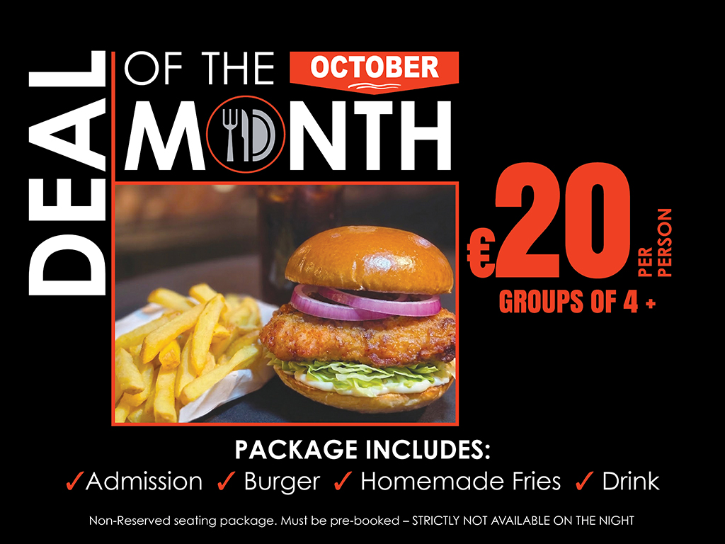 Searching for a great value night out this October? The latest Deal of the Month at Irish Greyhound Stadia offers entertainment, food and drink at an excellent price. Image shows a promotional graphic for the October Deal of the Month at Greyhound Stadia in Ireland. It features a black background with white and orange text outlining the offer and a picture of a burger.