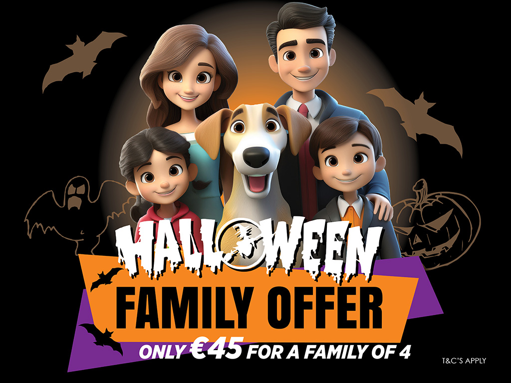 Image shows a cartoon family consisting of two adults, two children and a dog, with Halloween-themed graphics and text promoting the Halloween Family Offer at Greyhound Stadia in Ireland for 2026