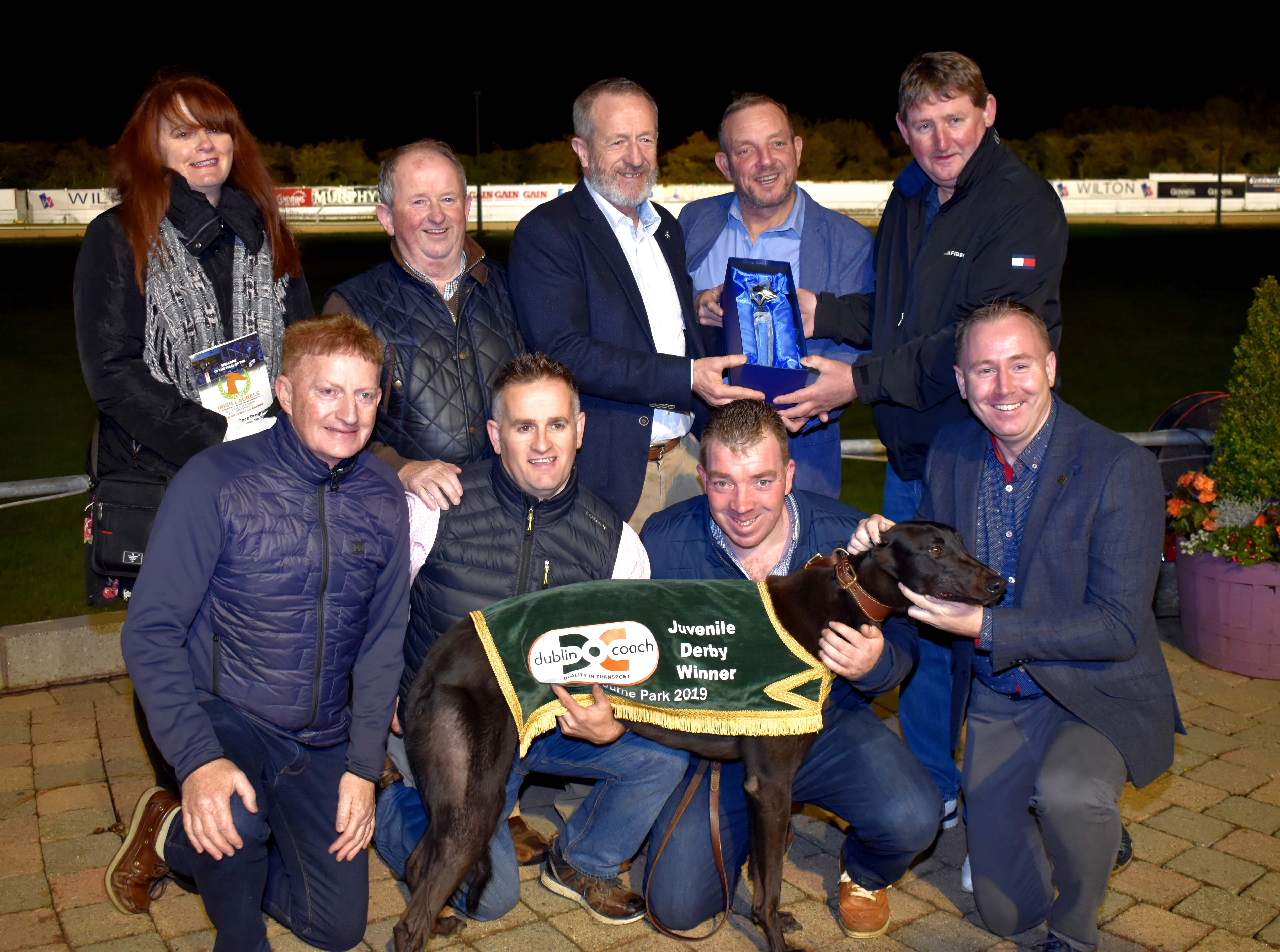 Bart Leahy pictured front centre on Laurels Final night in 2019 holding Broadstrand Bono with trainer John A. Linehan and connections. 