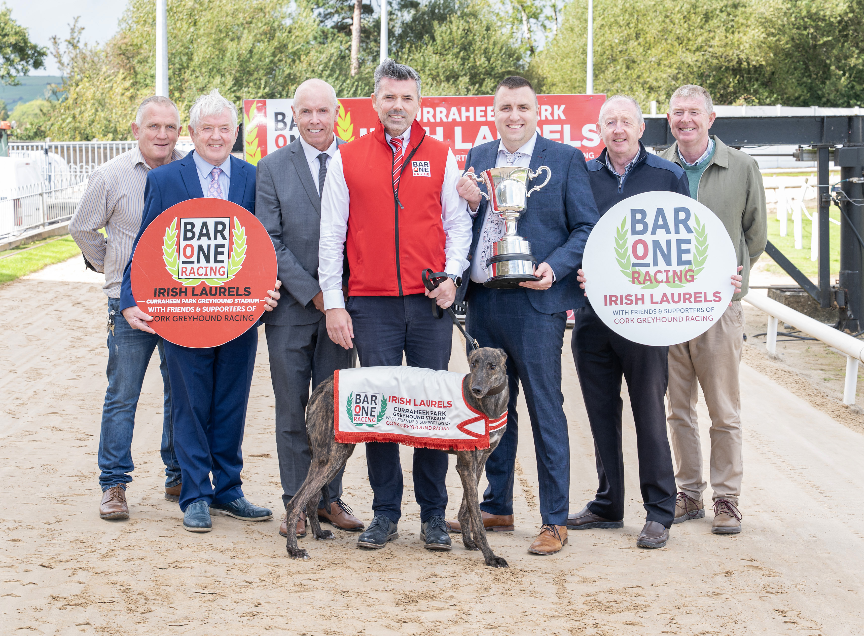 L-R - Tony Winters (Cork Advisory Board), Pat Flanagan, Chairman GRI, Tim Lucey, CEO GRI, Declan McCourt (Bar One Racing), Darren Hogan (Racing Manager, Curraheen Park), Barry McSweeney (Chairman, Cork Advisory Board), and Damian Holland (Friends & Supporters of Cork Racing).