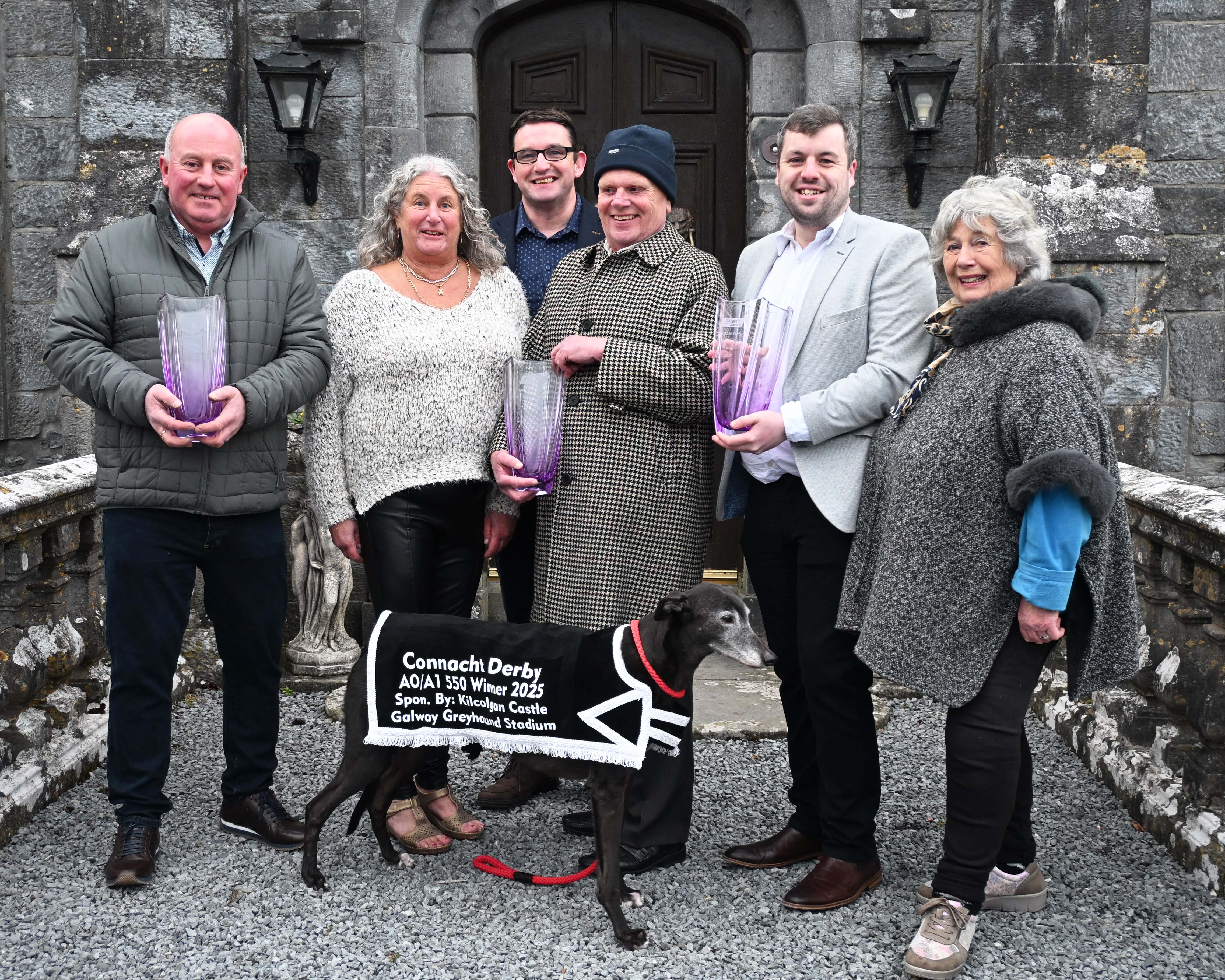 Hughie Keleghan Chairman of the WGOBA, Sponsor Karen Geoghegan and her retired greyhound Valerie, Des Kelly Galway Greyhound Stadium, Peter Hassett WGOBA, Mark Maguire Racing Manager, and Bridget Frank pictured at the launch of the Kilcolgan Castle Connacht Derby which gets underway in Galway Greyhound Stadium on the 21st February. Pic: Imelda Grauer Hughie Keleghan Chairman of the WGOBA, Sponsor Karen Geoghegan and her retired greyhound Valerie, Des Kelly Galway Greyhound Stadium, Peter Hassett WGOBA, Mark Maguire Racing Manager, and Bridget Frank pictured at the launch of the Kilcolgan Castle Connacht Derby which gets underway in Galway Greyhound Stadium on the 21st February. Pic: Imelda Grauer