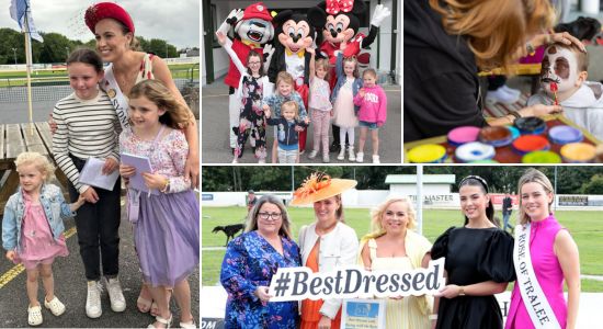 Montage of images from the 2024 Racing with the Roses event at the Kingdom Greyhound Stadium including 3 girls posing for a picture with one of the Roses, a group of children with 3 cartoon characters, a child having their face painted and a group of well dressed ladies at the Best Dressed competition