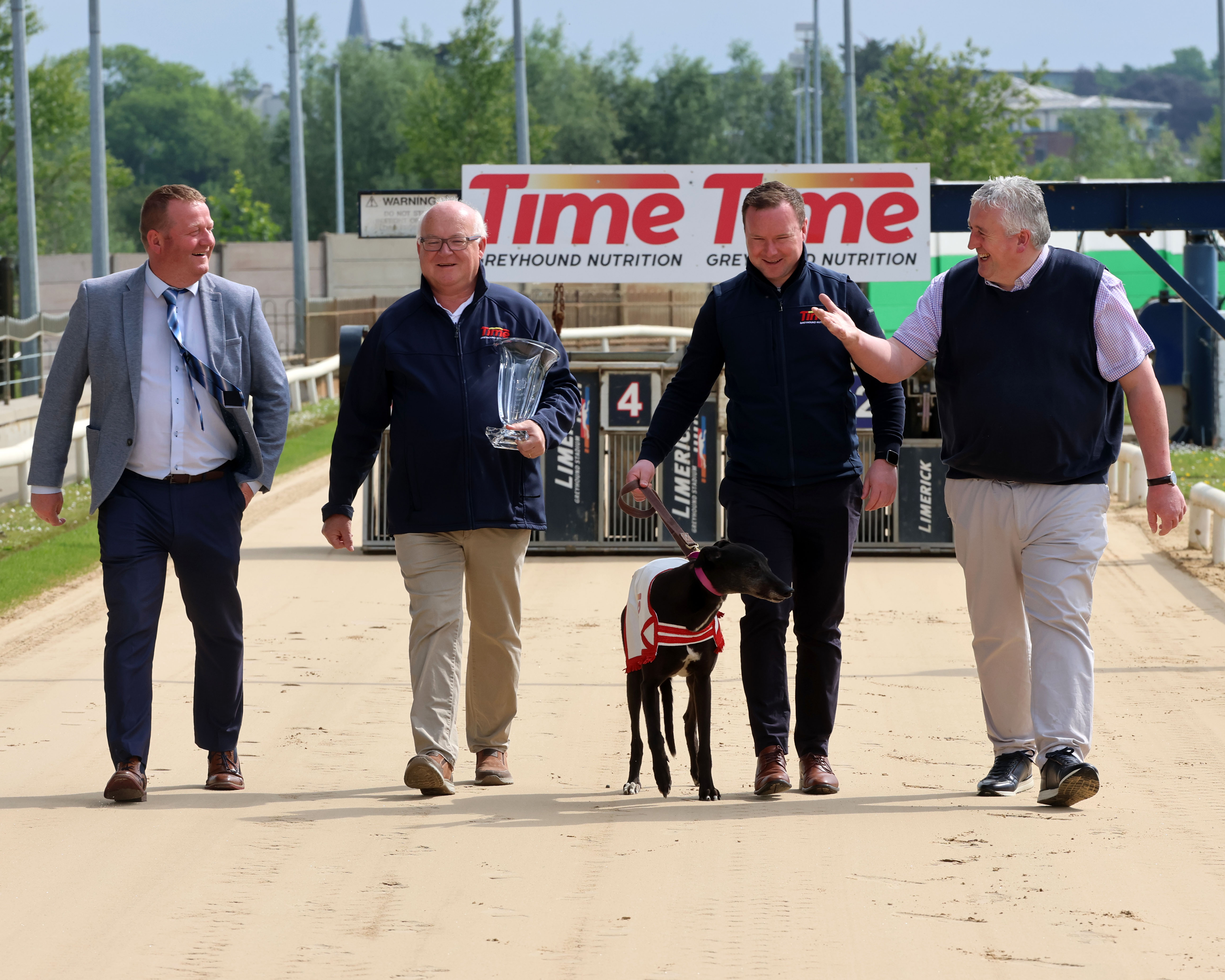 Derek Frehill, Director of Racing, Willlie Rigney and Shane Rigney of Time Greyhound Nutrition, and Jody Thompson of Limerick Greyhound Stadium launching the 2025 Time Club Derby which gets underway on the 30th and 31st May