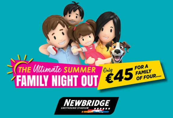Image shows a 3D cartoon family with parents and 2 children and a dog against a teal background and text which highlights the details of the summer family offer available at Newbridge Greyhound Stadium in 2026