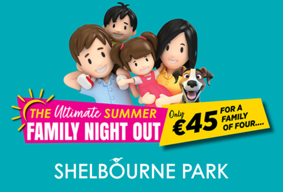 Image shows a 3D cartoon family with parents and 2 children and a dog against a teal background and text which highlights the details of the summer family offer available at Shelbourne Park Greyhound Stadium in 2026