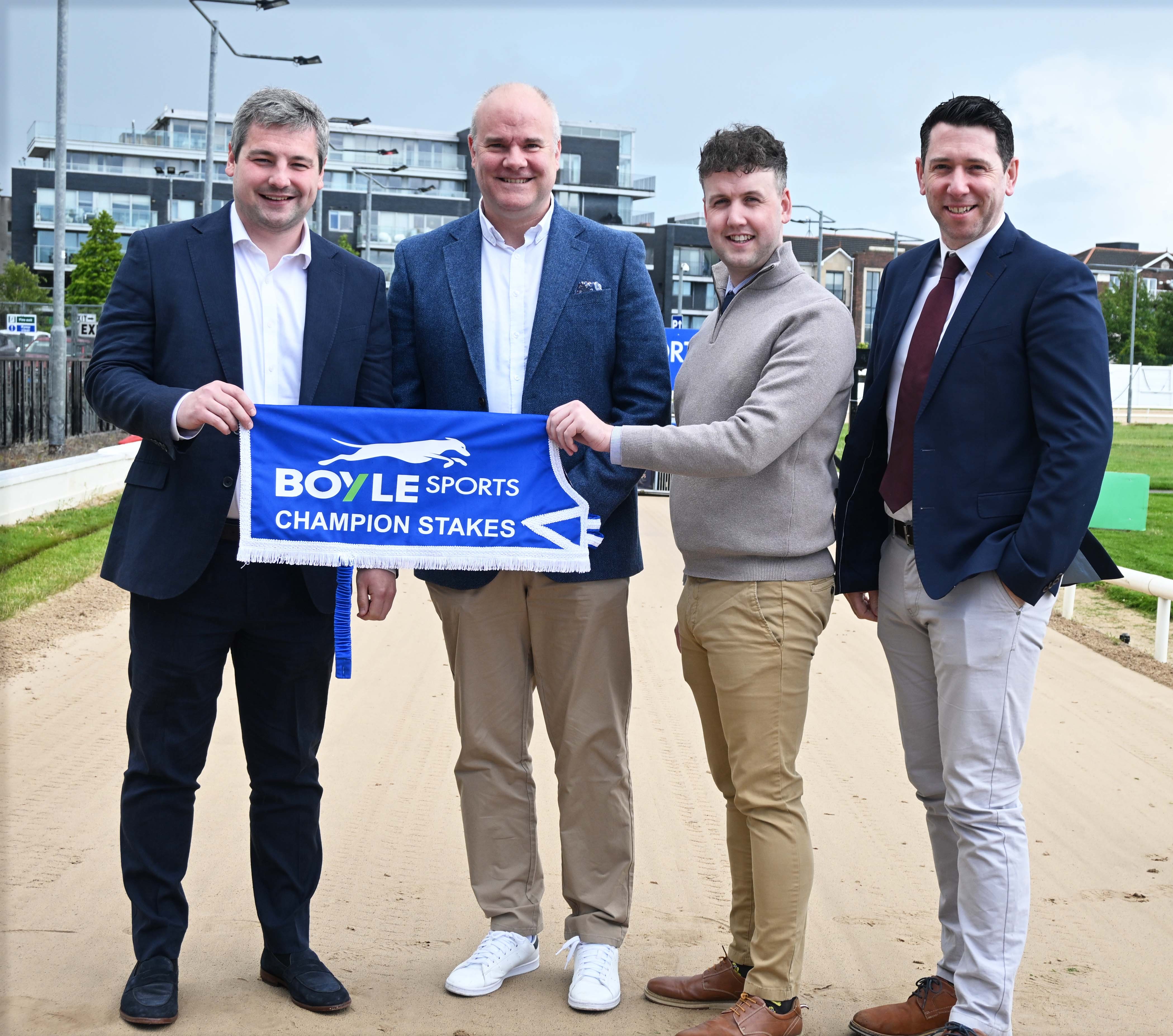 Representatives Brian O’Keeffe (Media Relations, BOYLE Sports), Kieran Holden (Sponsorship Manager, BOYLE Sports), Dylan Brennan (Shelbourne Park Racing Manager) and Philip Peake (Commercial Director, Greyhound Racing Ireland) at Shelbourne Park for the launch of the 2026 BOYLE Sports Champion Stakes. Image shows representatives Brian O’Keeffe (Media Relations, BOYLE Sports), Kieran Holden (Sponsorship Manager, BOYLE Sports), Dylan Brennan (Shelbourne Park Racing Manager) and Philip Peake (Commercial Director, Greyhound Racing Ireland) at Shelbourne Park for the launch of the 2026 BOYLE Sports Champion Stakes.