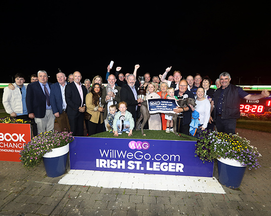 Clonbrien Treaty, winner of the WillWeGo.com Irish St Leger with trainer Graham Holland, owners James & Muireann Murphy, CEO of GRI Tim Lucey and many more…