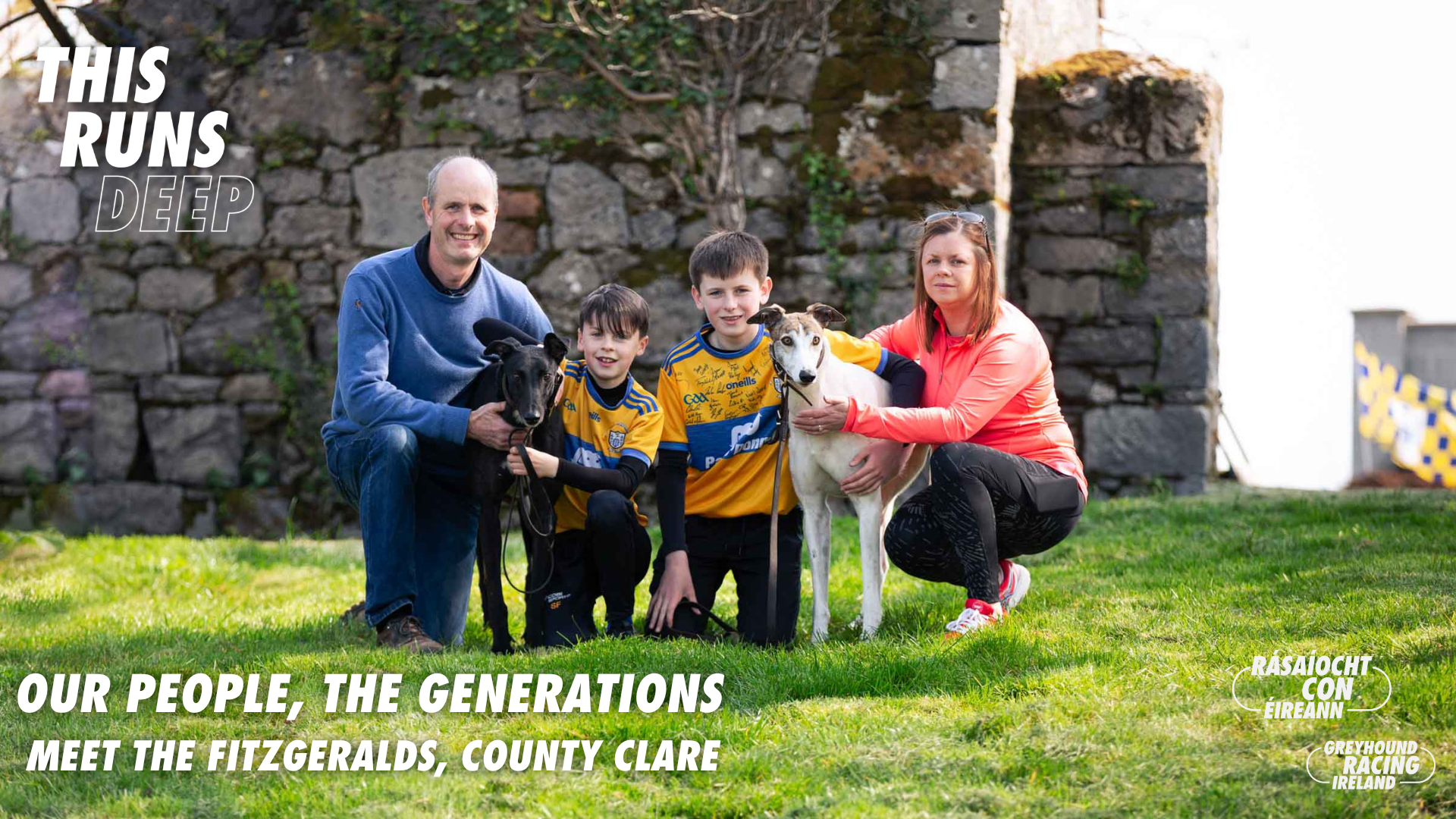 The Fitzgerald family from Parteen Co. Clare photographed with their retired racing greyhounds Holly and Ollie, photographed for the Greyhound Racing Ireland Our People, The Generations series