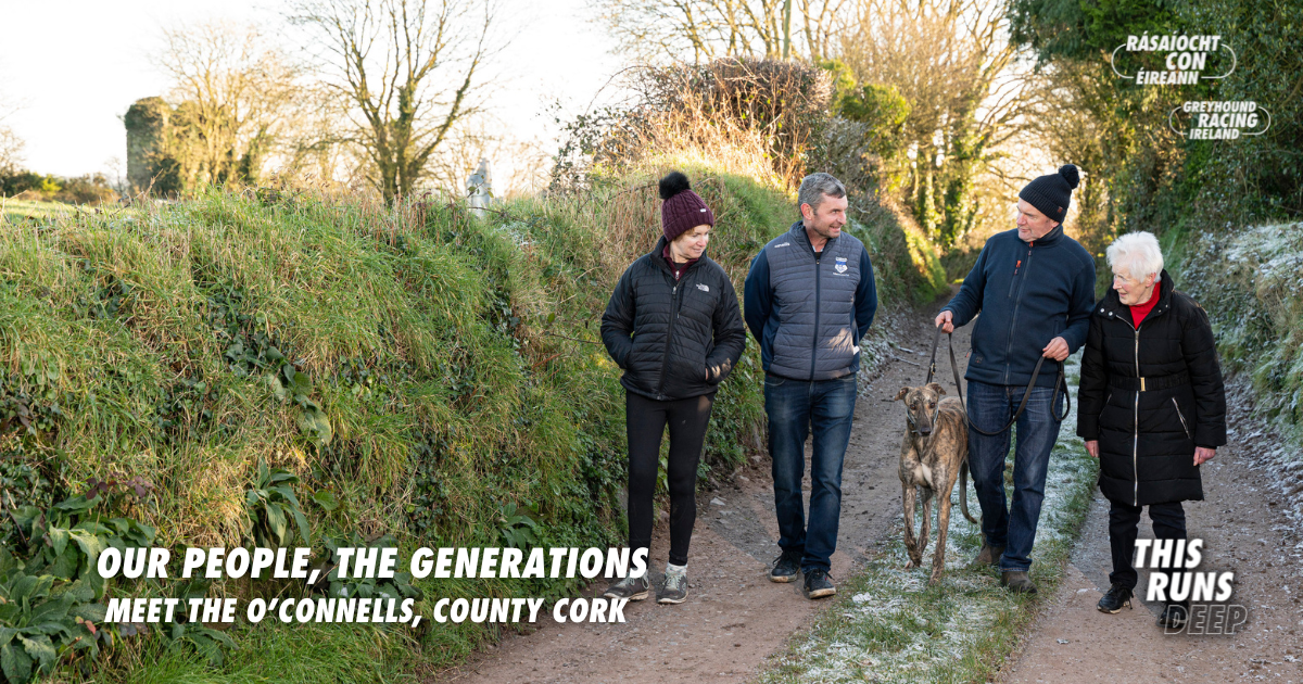 The picture shows members of the O'Connell Family from County Cork for the Our People, The Generations series by Greyhound Racing Ireland