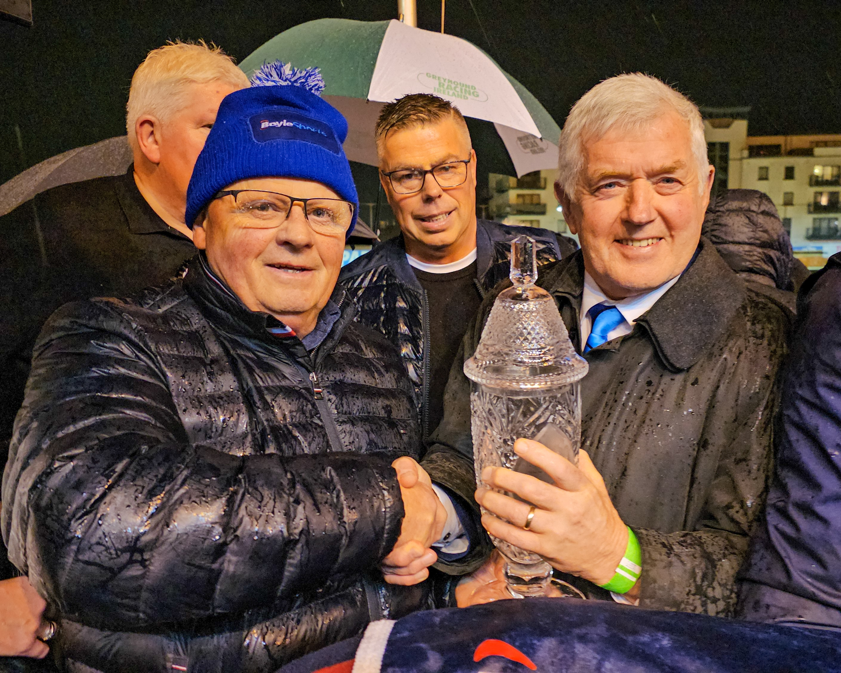 Bockos Diamond 2024 BoyleSports Irish Greyhound Derby Champion pictured on the podium in Dublin's Shelbourne Park Greyhound Stadium Pic: Dawn Quinn GRI