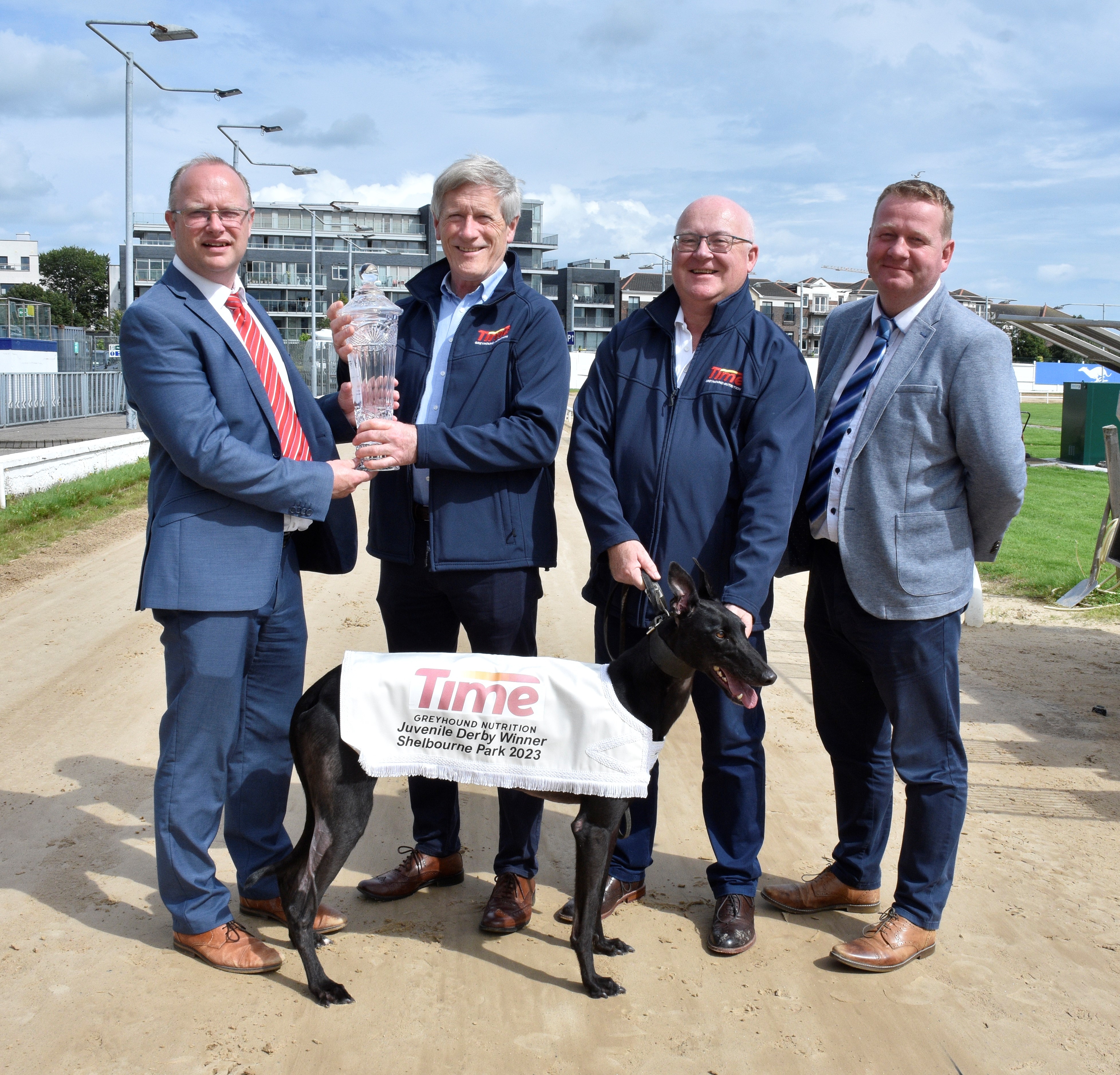 Launching the €41,500 2023 Time Greyhound Nutrition Juvenile Derby at Shelbourne Park Greyhound Stadium  L-R Michael Dempsey, Racing Manager at Shelbourne Park, receives the winner’s trophy from sponsors John Fox and William Rigney of Time Greyhound Nutrition, accompanied by Derek Frehill Director Of Racing at Greyhound Racing Ireland