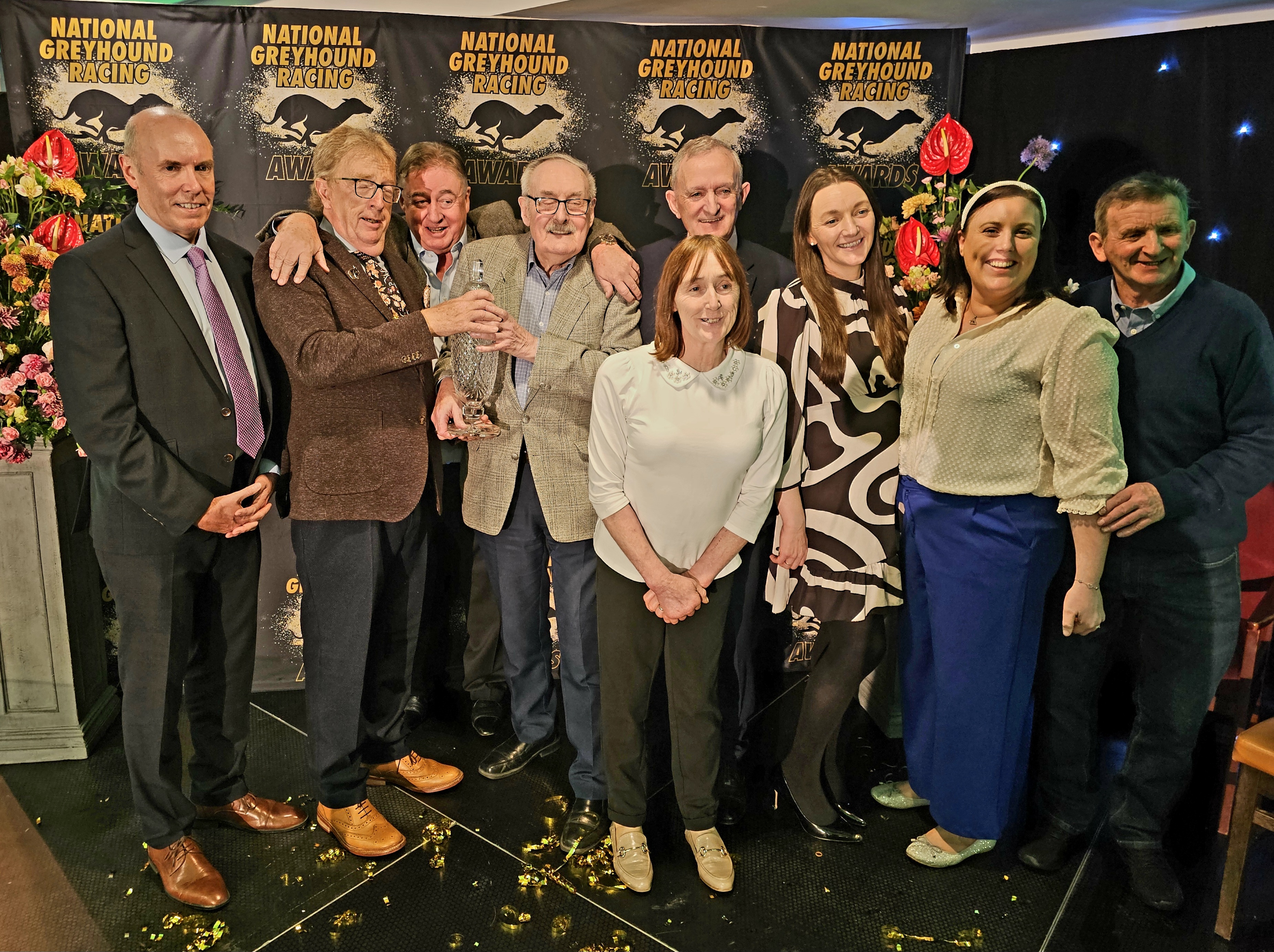 Photo shows celebrations by Tipperary trainer Jennifer O’Donnell, family and friends as The Other Kobe is crowned Supreme Greyhound of the Year for 2023 at the National Greyhound Racing Awards. Pic: Dawn Quinn GRI